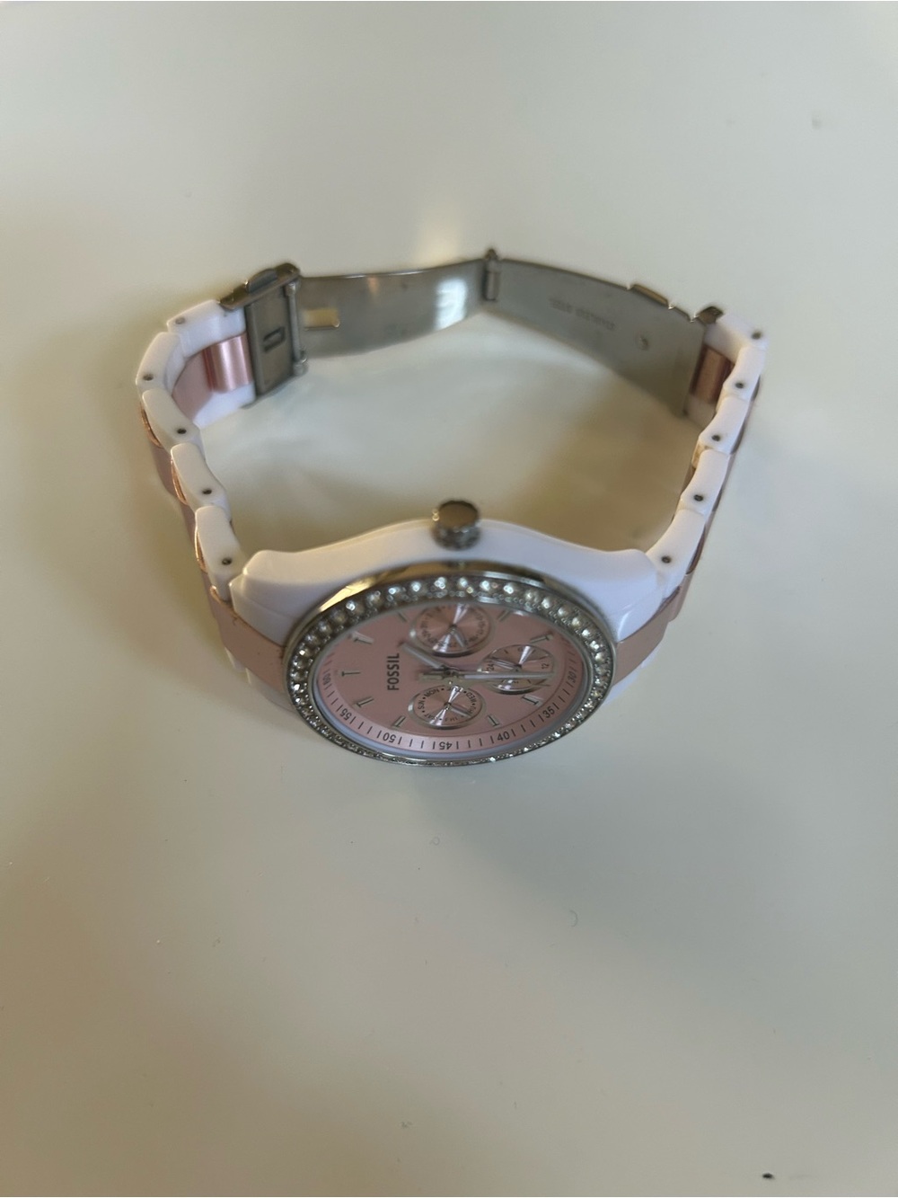Fossil Ladies Rose Gold and White Ceramic Crystal Bezel Watch - Picture 2 of 3